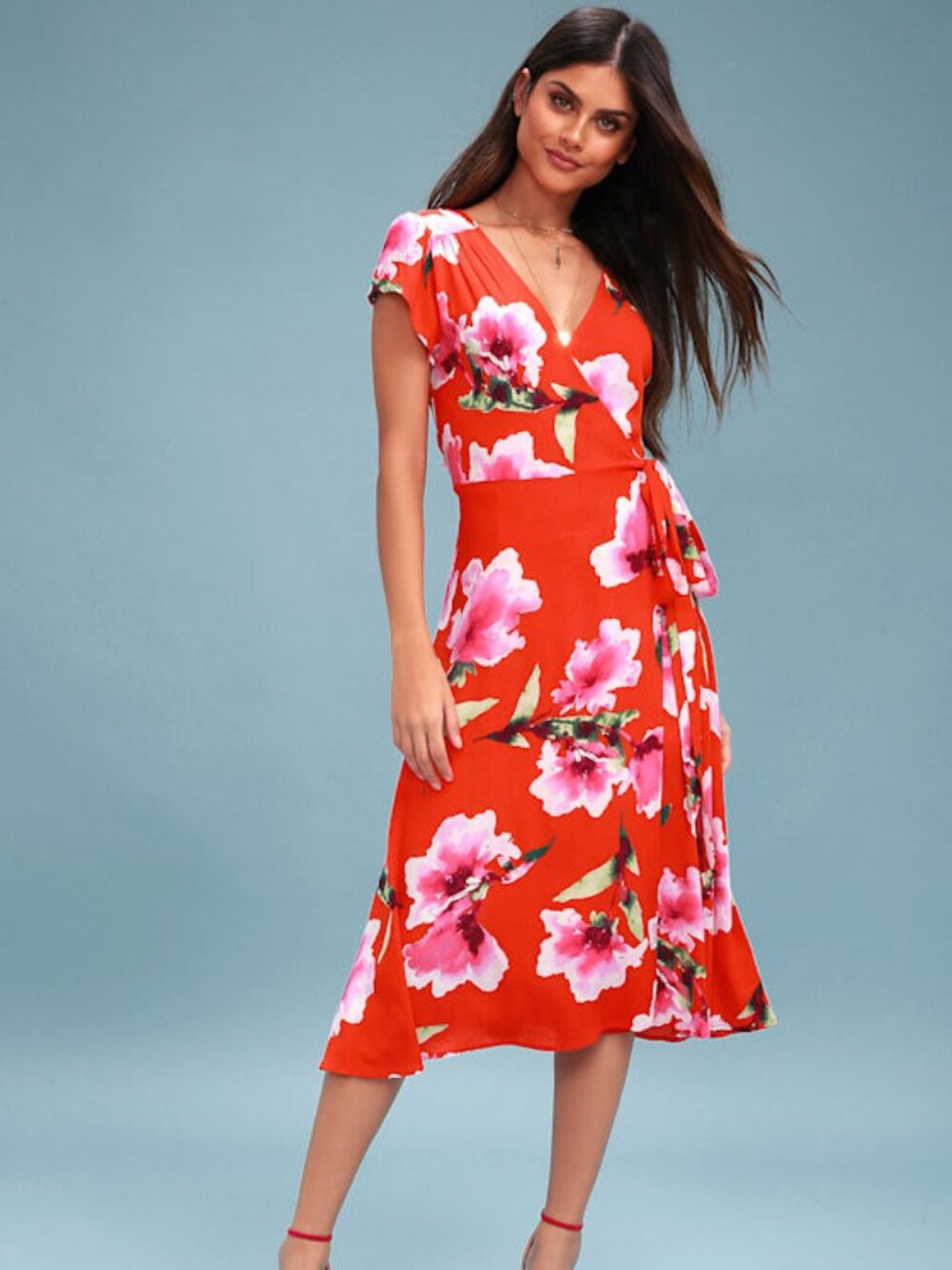 Lulus Have Love Will Travel Coral Red Floral Print Wrap Midi Dress - Size Small